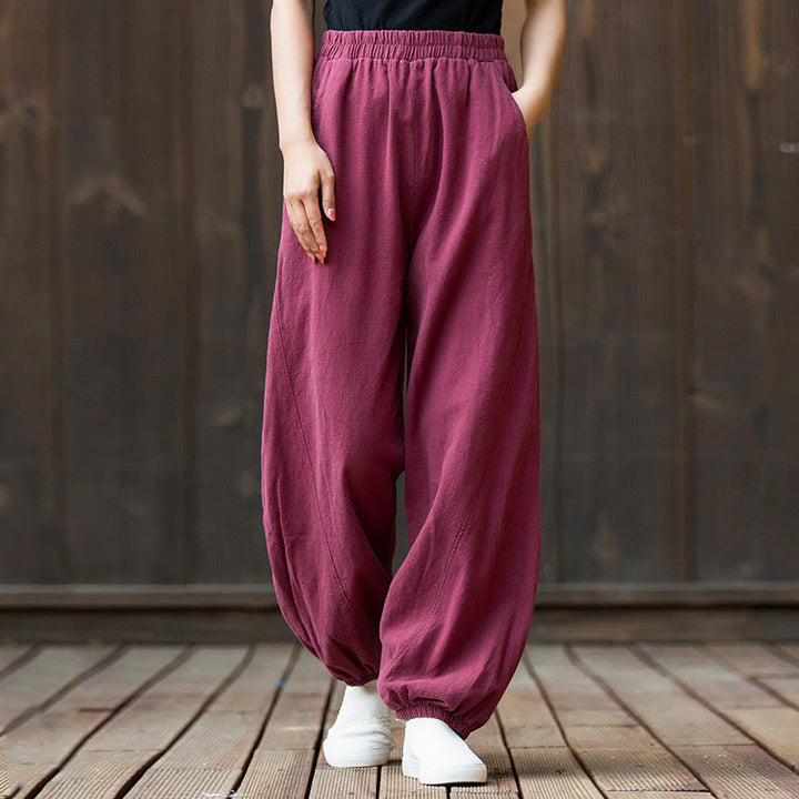 Pantalones de mujer de algodón y ramio con cintura elástica y bolsillos de color liso con estampado de zanahoria y Buddha Stones - Rosa intenso - US4，UK/AU8，EU36 (L) - image 0