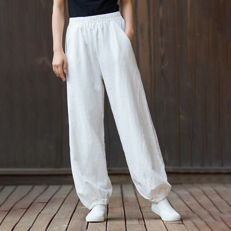 Pantalones de mujer de algodón y ramio con cintura elástica y bolsillos de color liso con estampado de zanahoria y Buddha Stones - image 11