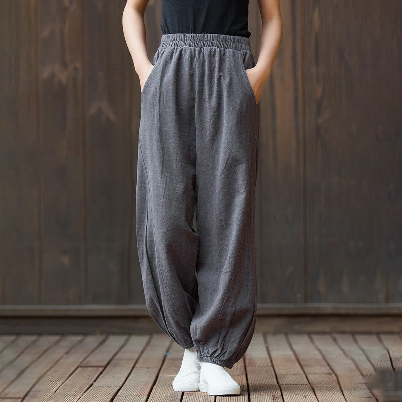 Pantalones de mujer de algodón y ramio con cintura elástica y bolsillos de color liso con estampado de zanahoria y Buddha Stones - image 31