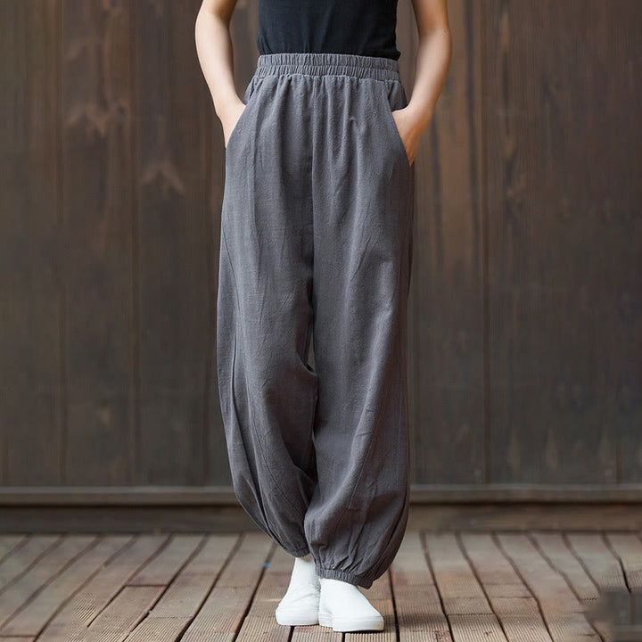 Pantalones de mujer de algodón y ramio con cintura elástica y bolsillos de color liso con estampado de zanahoria y Buddha Stones - image 31