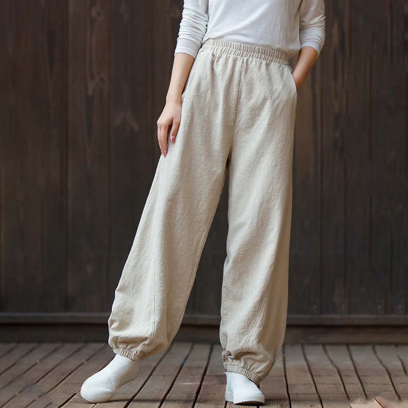 Pantalones de mujer de algodón y ramio con cintura elástica y bolsillos de color liso con estampado de zanahoria y Buddha Stones - image 23