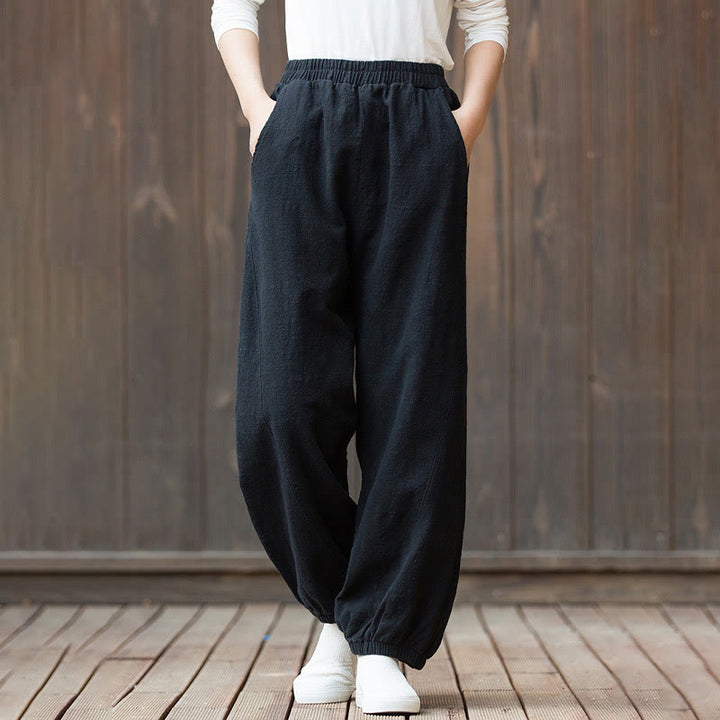 Pantalones de mujer de algodón y ramio con cintura elástica y bolsillos de color liso con estampado de zanahoria y Buddha Stones - image 13
