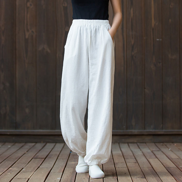 Pantalones de mujer de algodón y ramio con cintura elástica y bolsillos de color liso con estampado de zanahoria y Buddha Stones - Blanco - US4，UK/AU8，EU36 (L) - image 7