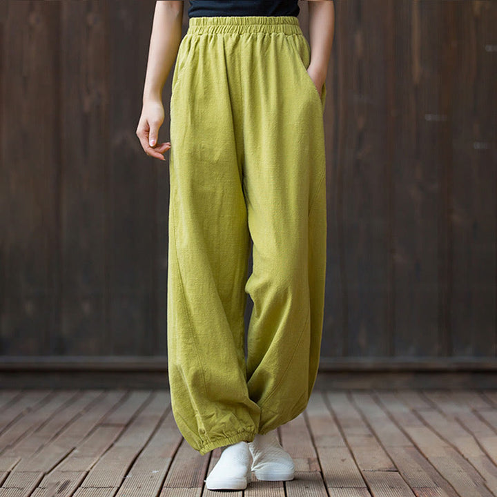 Pantalones de mujer de algodón y ramio con cintura elástica y bolsillos de color liso con estampado de zanahoria y Buddha Stones - VerdeAmarillo - US4，UK/AU8，EU36 (L) - image 24