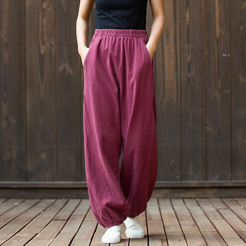 Pantalones de mujer de algodón y ramio con cintura elástica y bolsillos de color liso con estampado de zanahoria y Buddha Stones - image 1