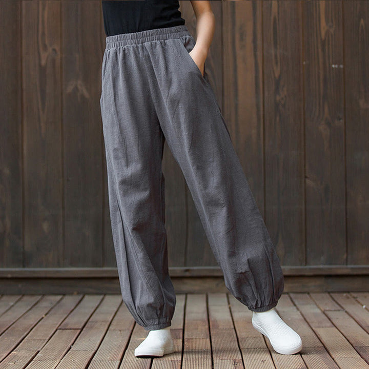 Pantalones de mujer de algodón y ramio con cintura elástica y bolsillos de color liso con estampado de zanahoria y Buddha Stones - image 33