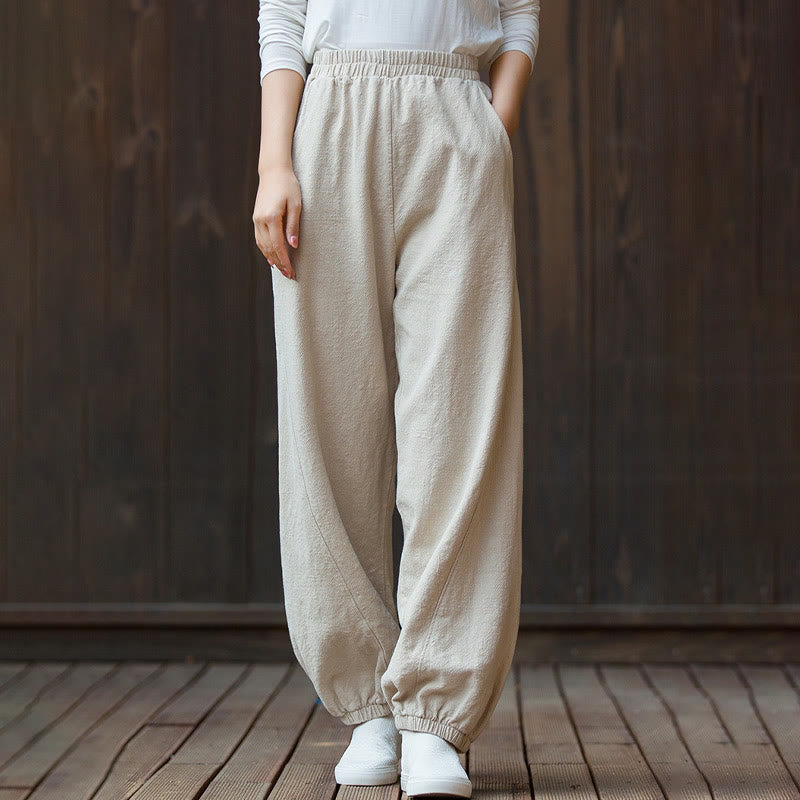 Pantalones de mujer de algodón y ramio con cintura elástica y bolsillos de color liso con estampado de zanahoria y Buddha Stones - image 20