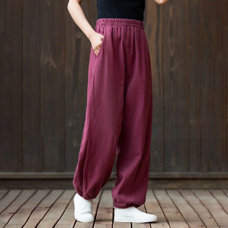 Pantalones de mujer de algodón y ramio con cintura elástica y bolsillos de color liso con estampado de zanahoria y Buddha Stones - image 2