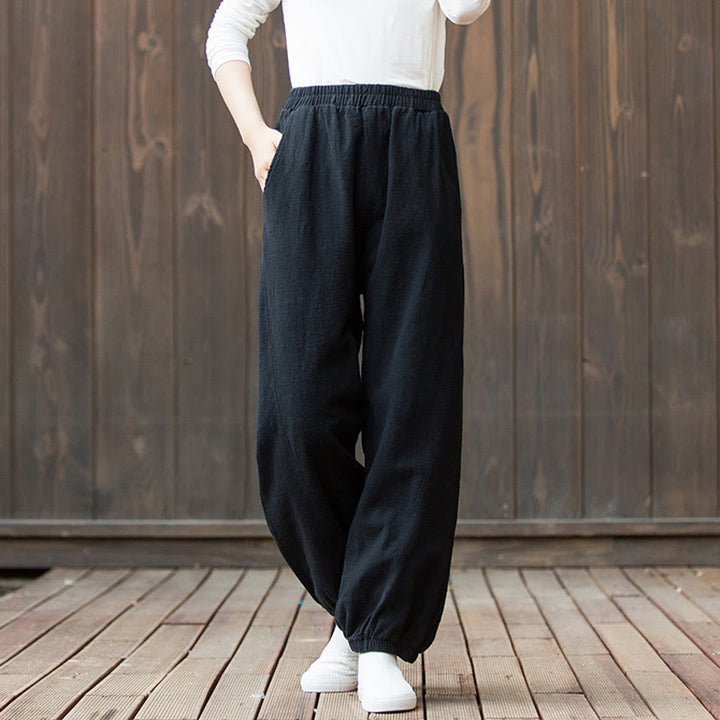 Pantalones de mujer de algodón y ramio con cintura elástica y bolsillos de color liso con estampado de zanahoria y Buddha Stones - image 14