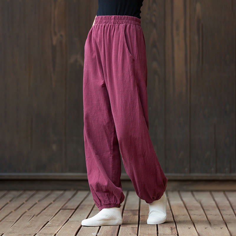 Pantalones de mujer de algodón y ramio con cintura elástica y bolsillos de color liso con estampado de zanahoria y Buddha Stones - image 5