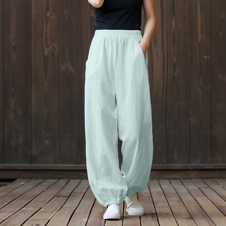 Pantalones de mujer de algodón y ramio con cintura elástica y bolsillos de color liso con estampado de zanahoria y Buddha Stones - Aguamarina - US4，UK/AU8，EU36 (L) - image 34