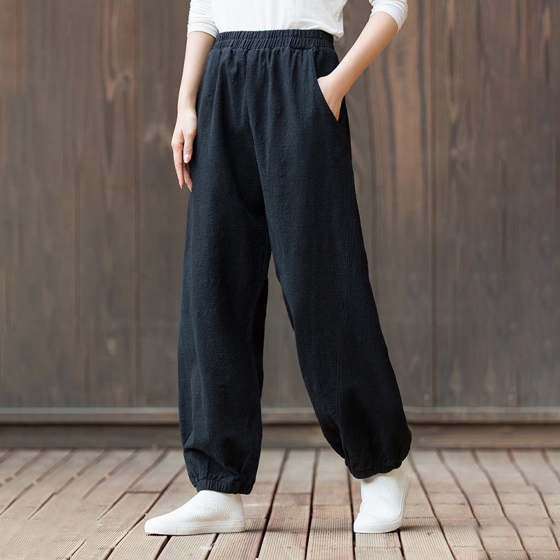 Pantalones de mujer de algodón y ramio con cintura elástica y bolsillos de color liso con estampado de zanahoria y Buddha Stones - image 16