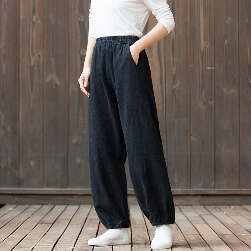 Pantalones de mujer de algodón y ramio con cintura elástica y bolsillos de color liso con estampado de zanahoria y Buddha Stones - image 15