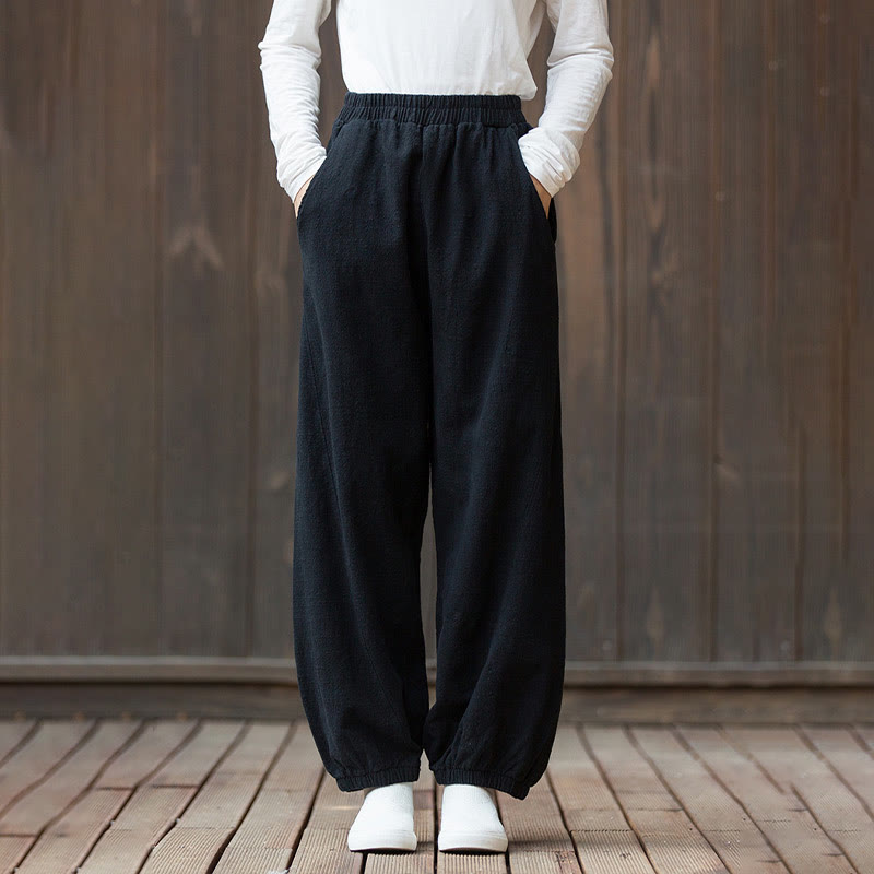 Pantalones de mujer de algodón y ramio con cintura elástica y bolsillos de color liso con estampado de zanahoria y Buddha Stones - Negro - US4，UK/AU8，EU36 (L) - image 12