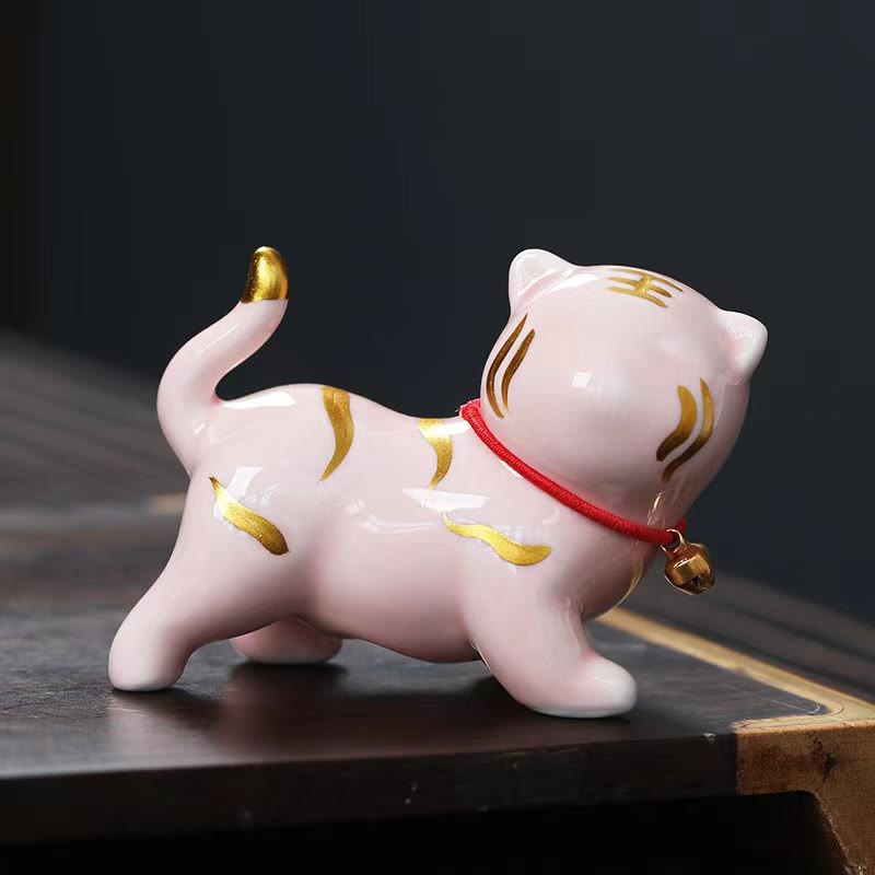 Figura decorativa de cerámica para escritorio del hogar con forma de tigre en miniatura con Buddha Stones - Tigre rosa Aproximadamente 6,8*5,1*3 cm - image 6