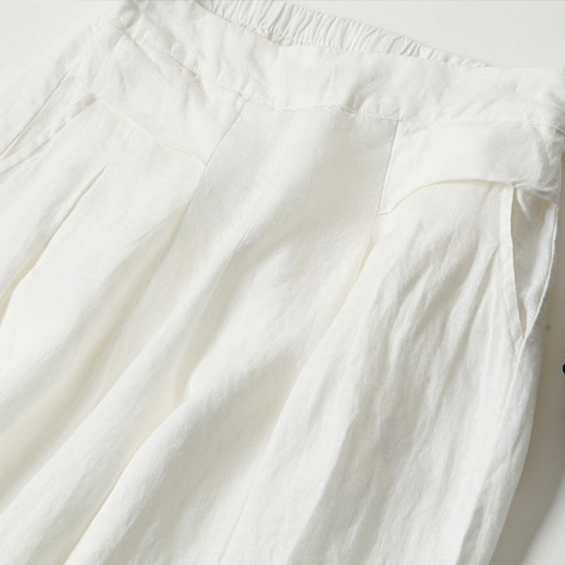 Pantalones de lino y algodón de color liso con cintura alta y pierna ancha y bolsillos con Buddha Stones - image 25