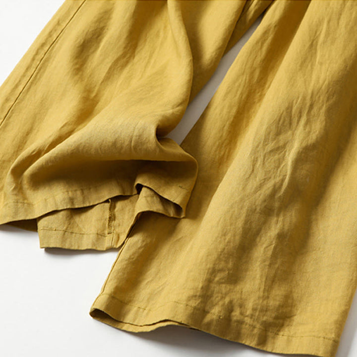 Pantalones de lino y algodón de color liso con cintura alta y pierna ancha y bolsillos con Buddha Stones - image 3
