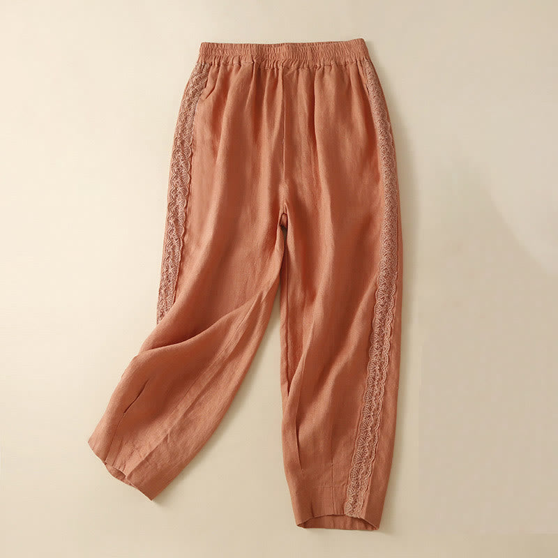 Pantalones de lino con bordado de flores en los laterales y bolsillos para mujer con Buddha Stones