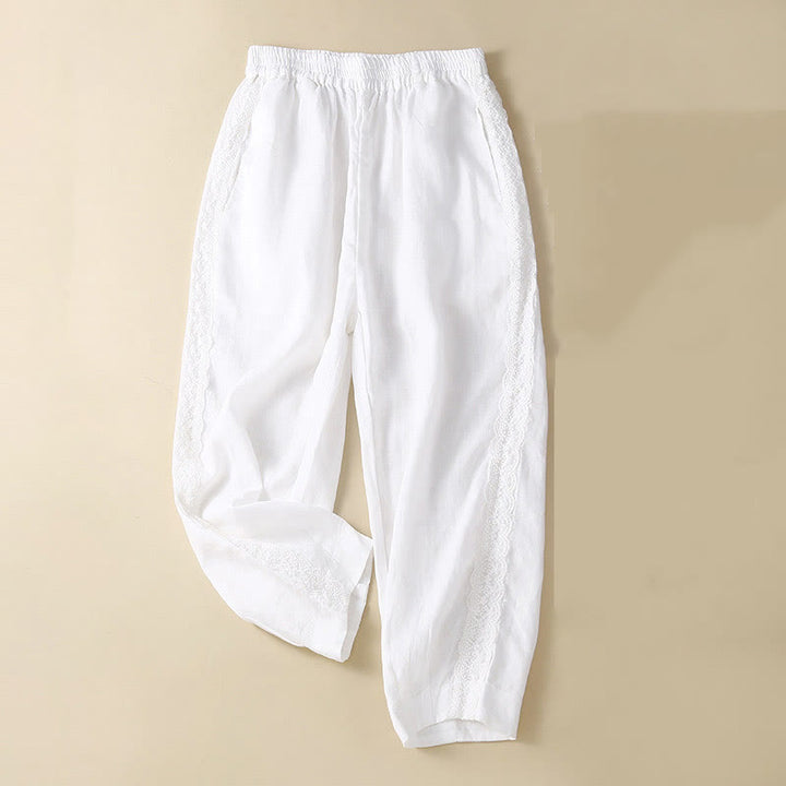 Pantalones de lino con bordado de flores en los laterales y bolsillos para mujer con Buddha Stones