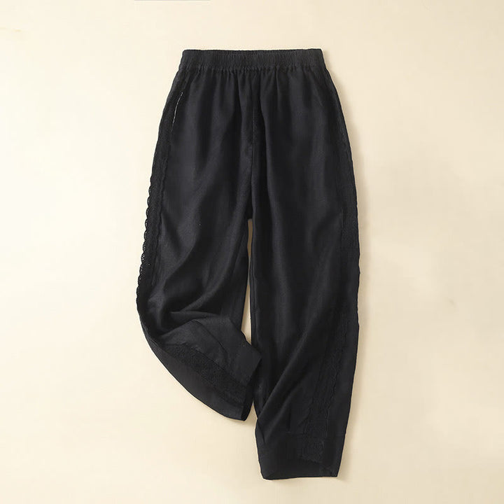 Pantalones de lino con bordado de flores en los laterales y bolsillos para mujer con Buddha Stones