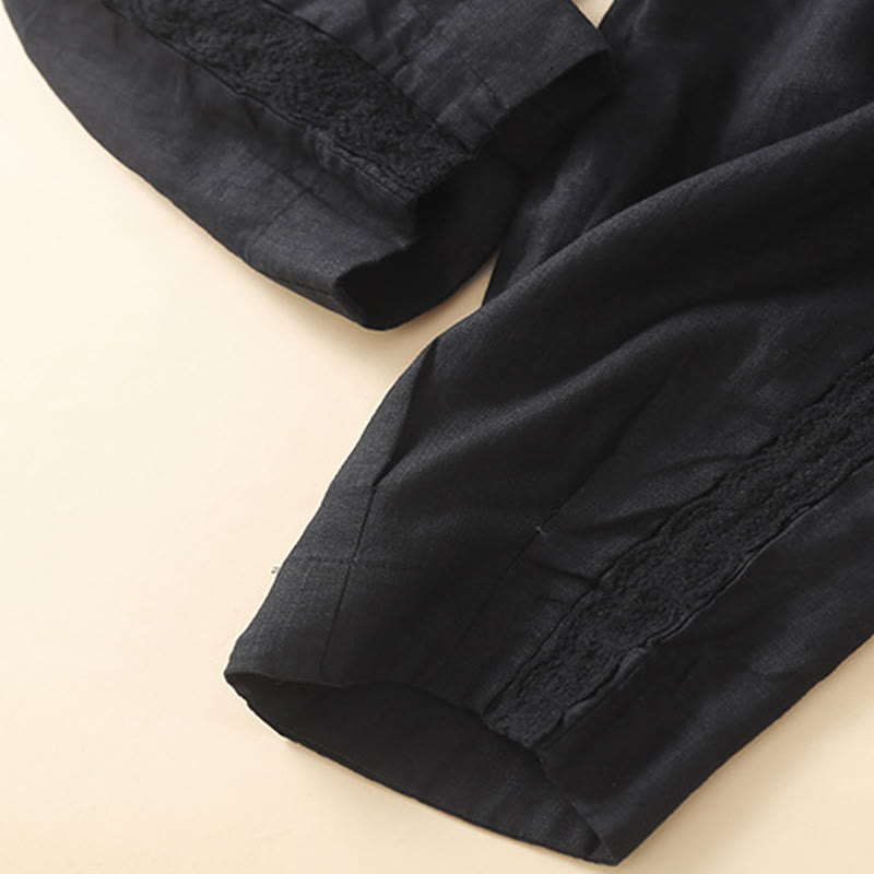 Pantalones de lino con bordado de flores en los laterales y bolsillos para mujer con Buddha Stones