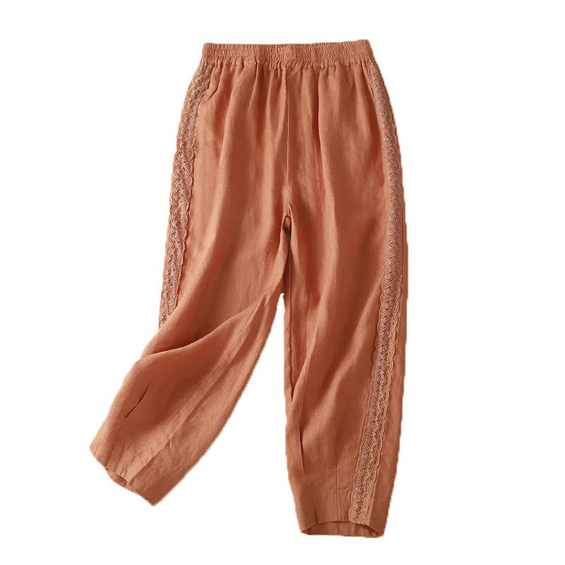 Pantalones de lino con bordado de flores en los laterales y bolsillos para mujer con Buddha Stones