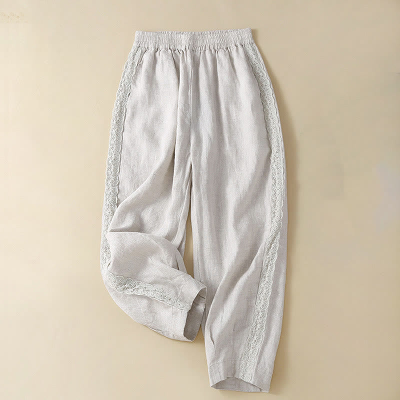 Pantalones de lino con bordado de flores en los laterales y bolsillos para mujer con Buddha Stones