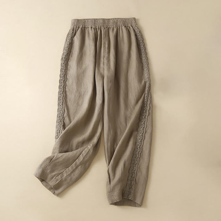 Pantalones de lino con bordado de flores en los laterales y bolsillos para mujer con Buddha Stones