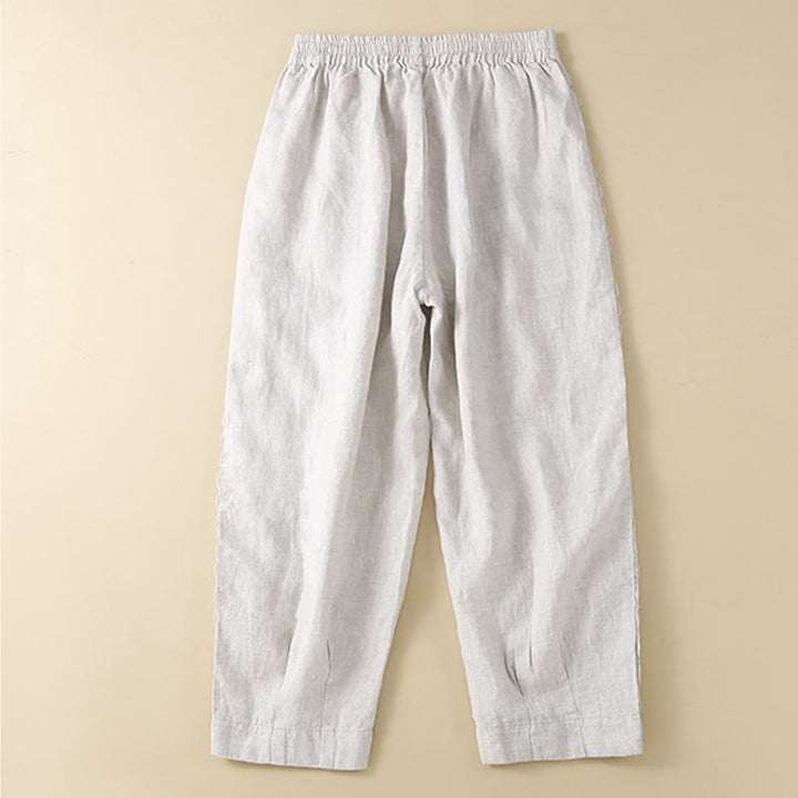 Pantalones de lino con bordado de flores en los laterales y bolsillos para mujer con Buddha Stones