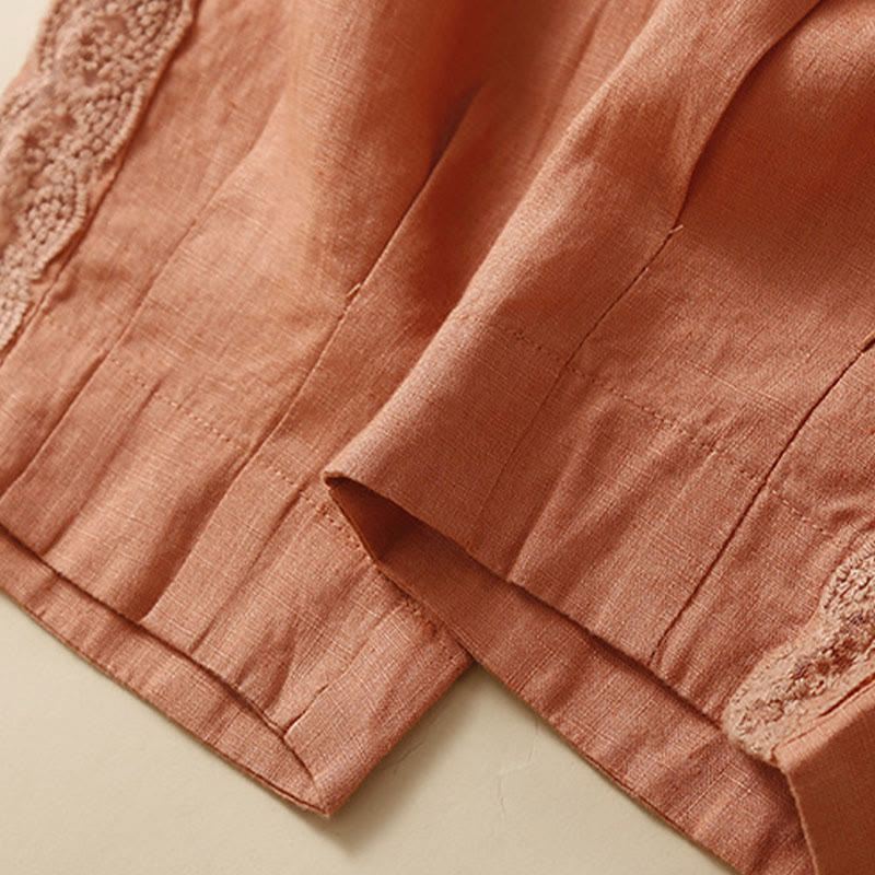 Pantalones de lino con bordado de flores en los laterales y bolsillos para mujer con Buddha Stones