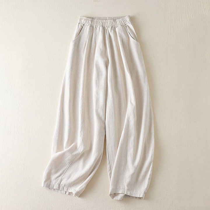 Pantalones de lino y algodón de color liso para mujer con bolsillos y Buddha Stones - Beige - US8-10，UK/AU12-14，EU40-42 (2XL) - image 8