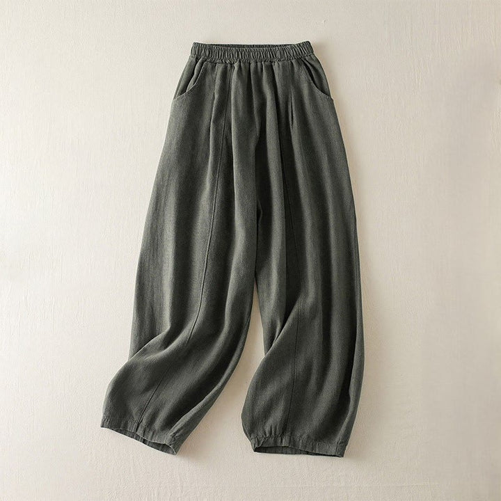 Pantalones de lino y algodón de color liso para mujer con bolsillos y Buddha Stones - Verde oliva oscuro - US8-10，UK/AU12-14，EU40-42 (2XL) - image 0