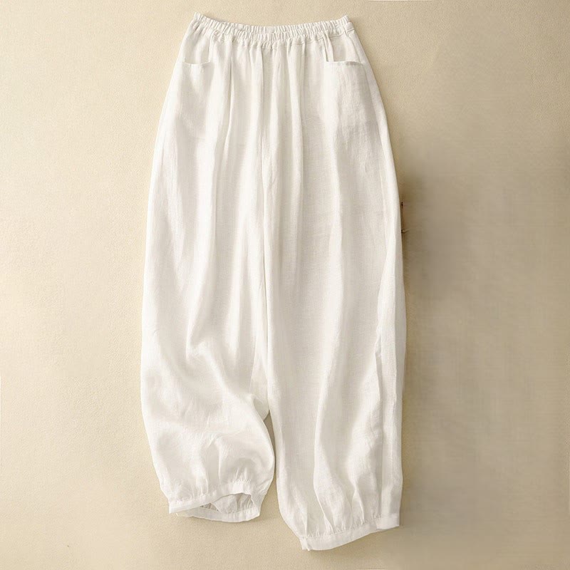 Pantalones casuales de lino de color liso con bolsillos para mujer de Buddha Stones - Beige - US8-10，UK/AU12-14，EU40-42 (2XL) - image 13