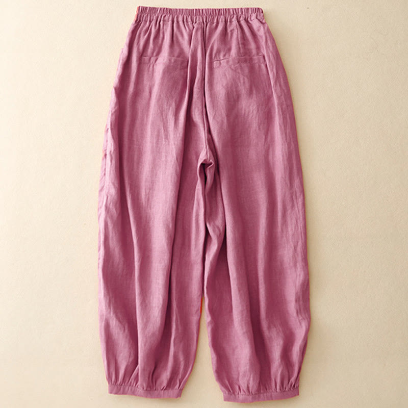 Pantalones casuales de lino de color liso con bolsillos para mujer de Buddha Stones - image 1