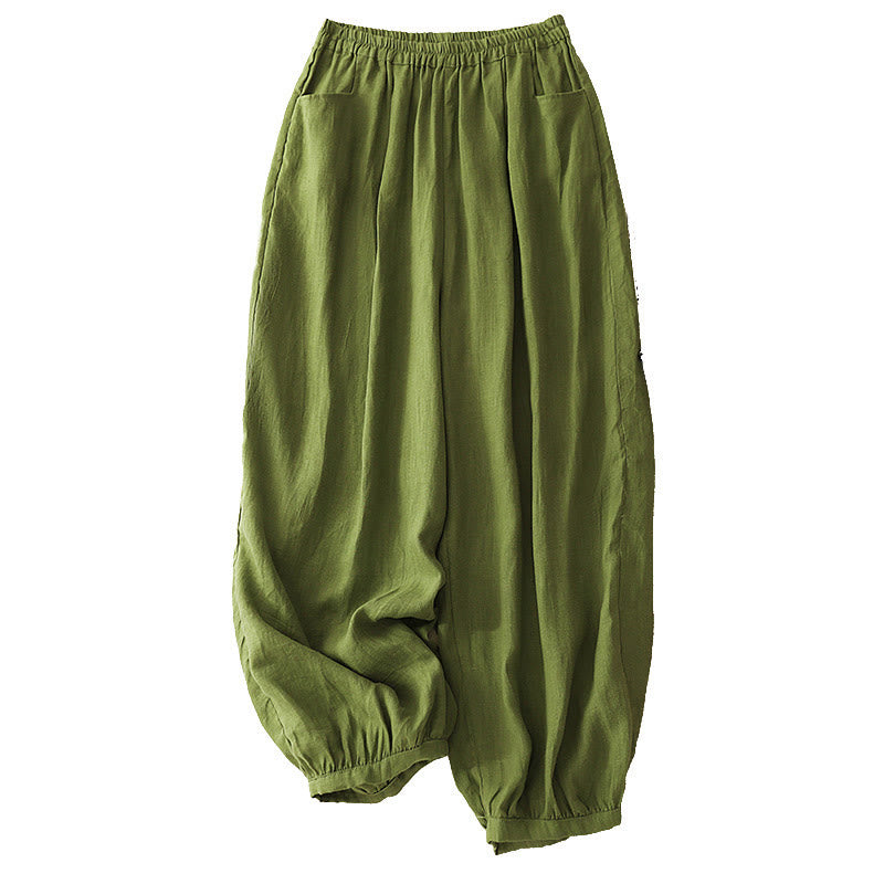 Pantalones casuales de lino de color liso con bolsillos para mujer de Buddha Stones - image 28