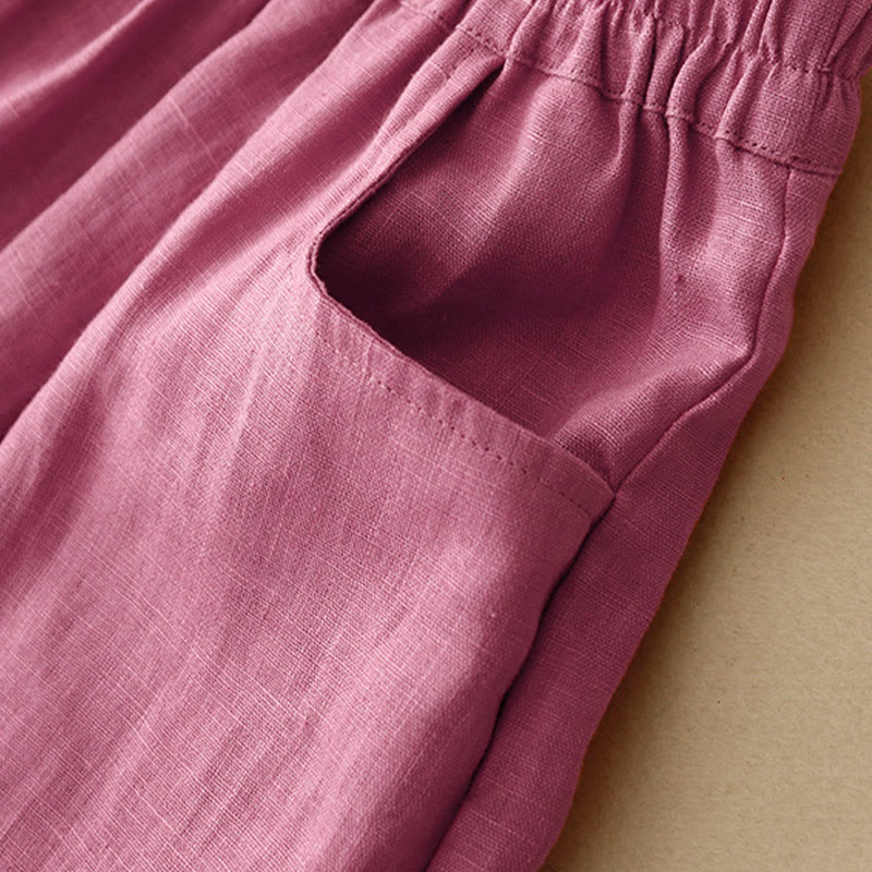 Pantalones casuales de lino de color liso con bolsillos para mujer de Buddha Stones - image 7