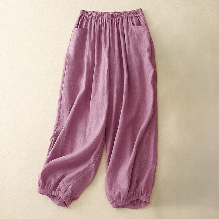 Pantalones casuales de lino de color liso con bolsillos para mujer de Buddha Stones - Violeta pálido rojo - US8-10，UK/AU12-14，EU40-42 (2XL) - image 0