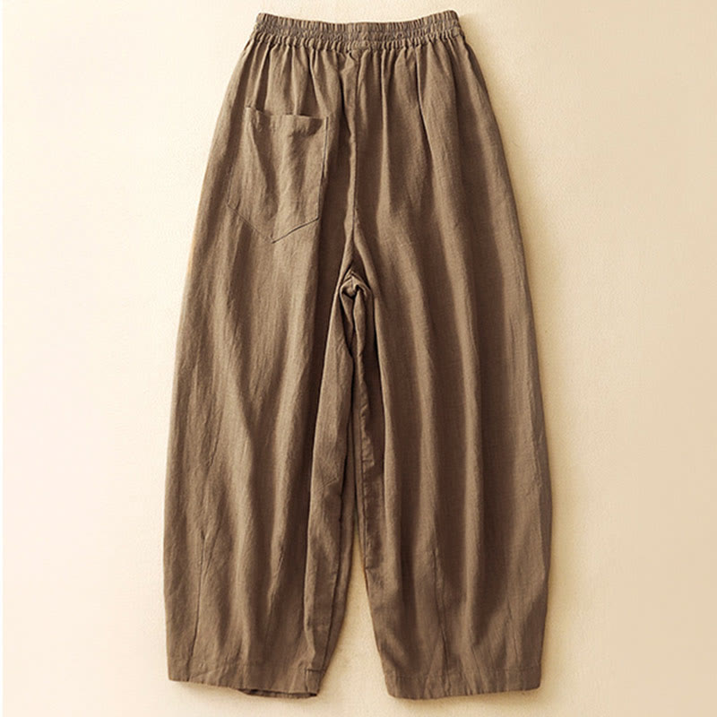 Pantalones de lino y algodón con cintura elástica tipo zanahoria de color liso con Buddha Stones y bolsillos para mujer - image 1