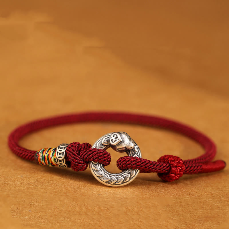 Pulsera de fuerza con moneda y hebilla de la paz de plata de ley 999 con hilo rojo y Buddha Stones del año de la serpiente