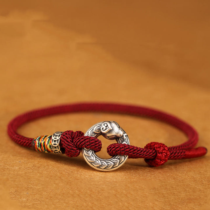 Pulsera de fuerza con moneda y hebilla de la paz de plata de ley 999 con hilo rojo y Buddha Stones del año de la serpiente