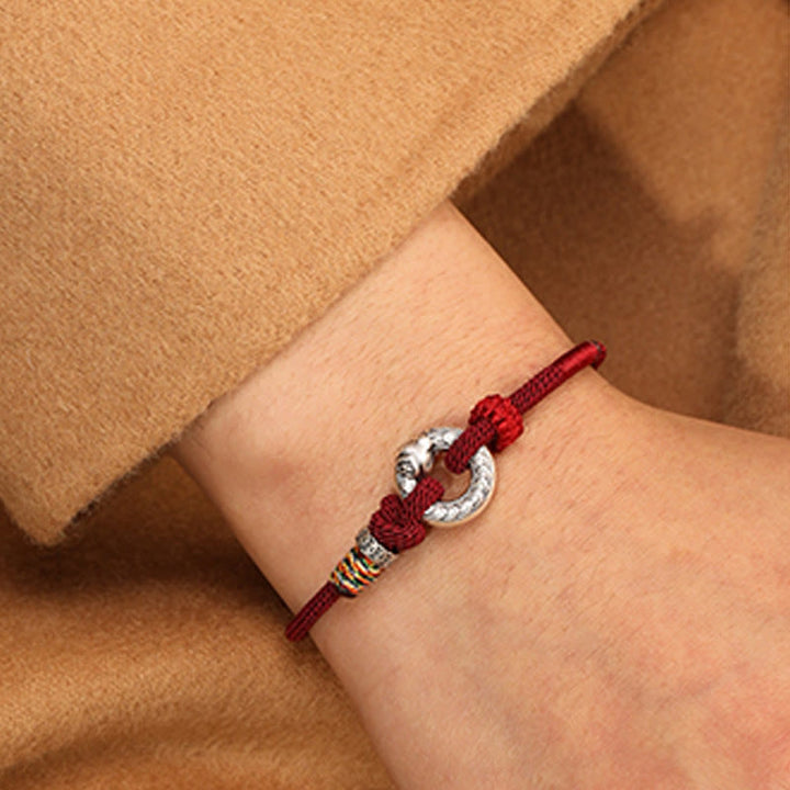 Pulsera de fuerza con moneda y hebilla de la paz de plata de ley 999 con hilo rojo y Buddha Stones del año de la serpiente