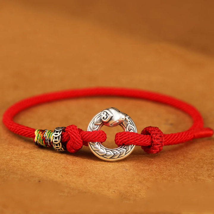 Pulsera de fuerza con moneda y hebilla de la paz de plata de ley 999 con hilo rojo y Buddha Stones del año de la serpiente