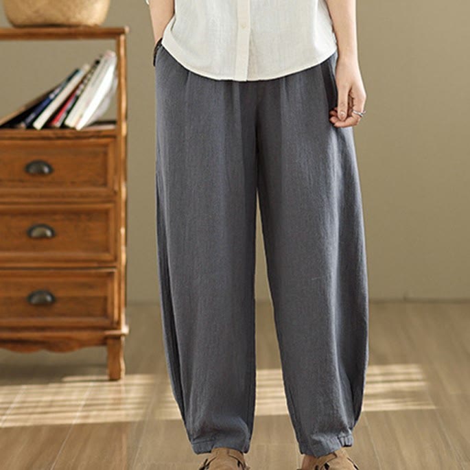 Pantalones de lino y algodón con cintura elástica cónica de color liso informales para mujer con bolsillos y Buddha Stones - image 1