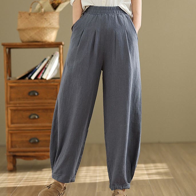 Pantalones de lino y algodón con cintura elástica cónica de color liso informales para mujer con bolsillos y Buddha Stones - image 3