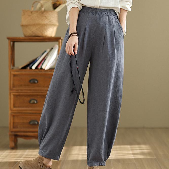 Pantalones de lino y algodón con cintura elástica cónica de color liso informales para mujer con bolsillos y Buddha Stones - image 4