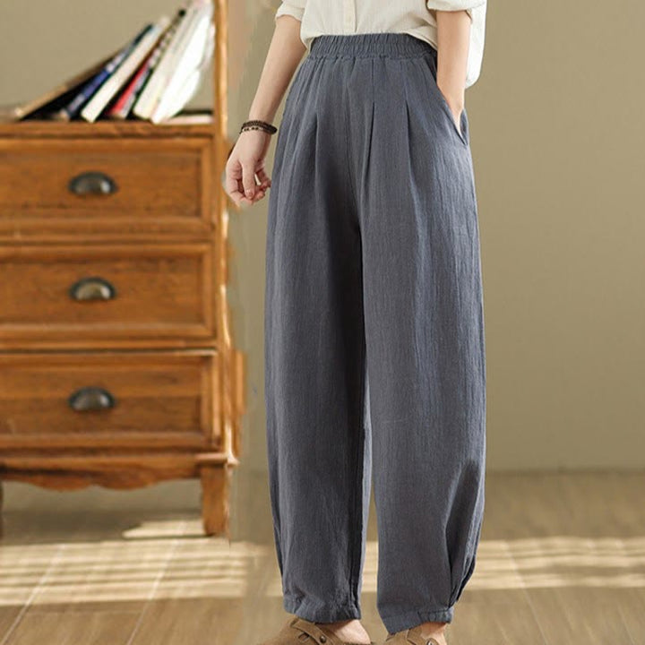 Pantalones de lino y algodón con cintura elástica cónica de color liso informales para mujer con bolsillos y Buddha Stones - image 2