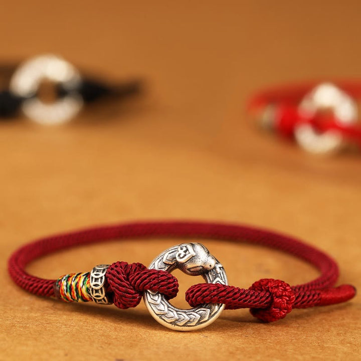 Pulsera de fuerza con moneda y hebilla de la paz de plata de ley 999 con hilo rojo y Buddha Stones del año de la serpiente