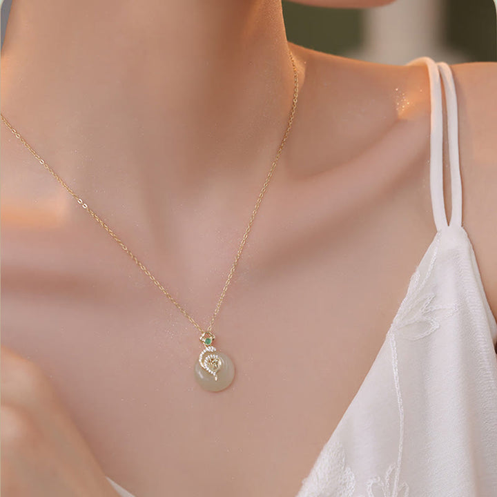 Collar con colgante de plata de ley 925 con Buddha Stones y hebilla de paz de jade hetiano con carácter Fu del año de la serpiente
