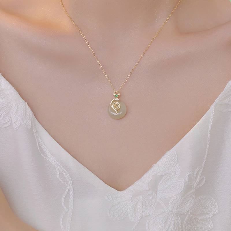 Collar con colgante de plata de ley 925 con Buddha Stones y hebilla de paz de jade hetiano con carácter Fu del año de la serpiente