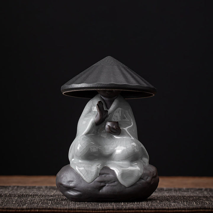 Colador de cerámica con forma de monje zen y piedras de Buddha Stones , accesorio para té, figurita decorativa para el hogar - Colador de sombrero negro con diseño de grietas de 9 x 12,2 cm - image 14